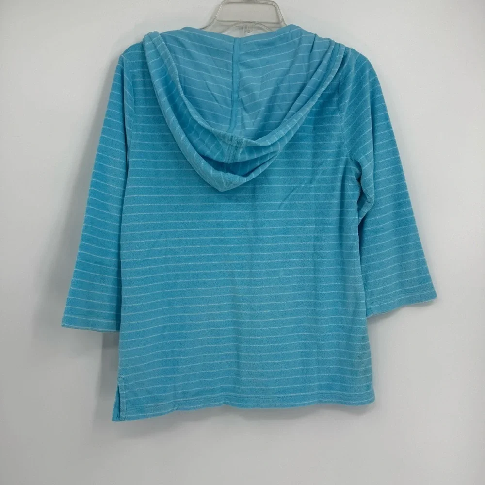 J.CREW NWT Top Womens Size M Terry Striped Hoodie 3/4 Sleeve Pullover blue